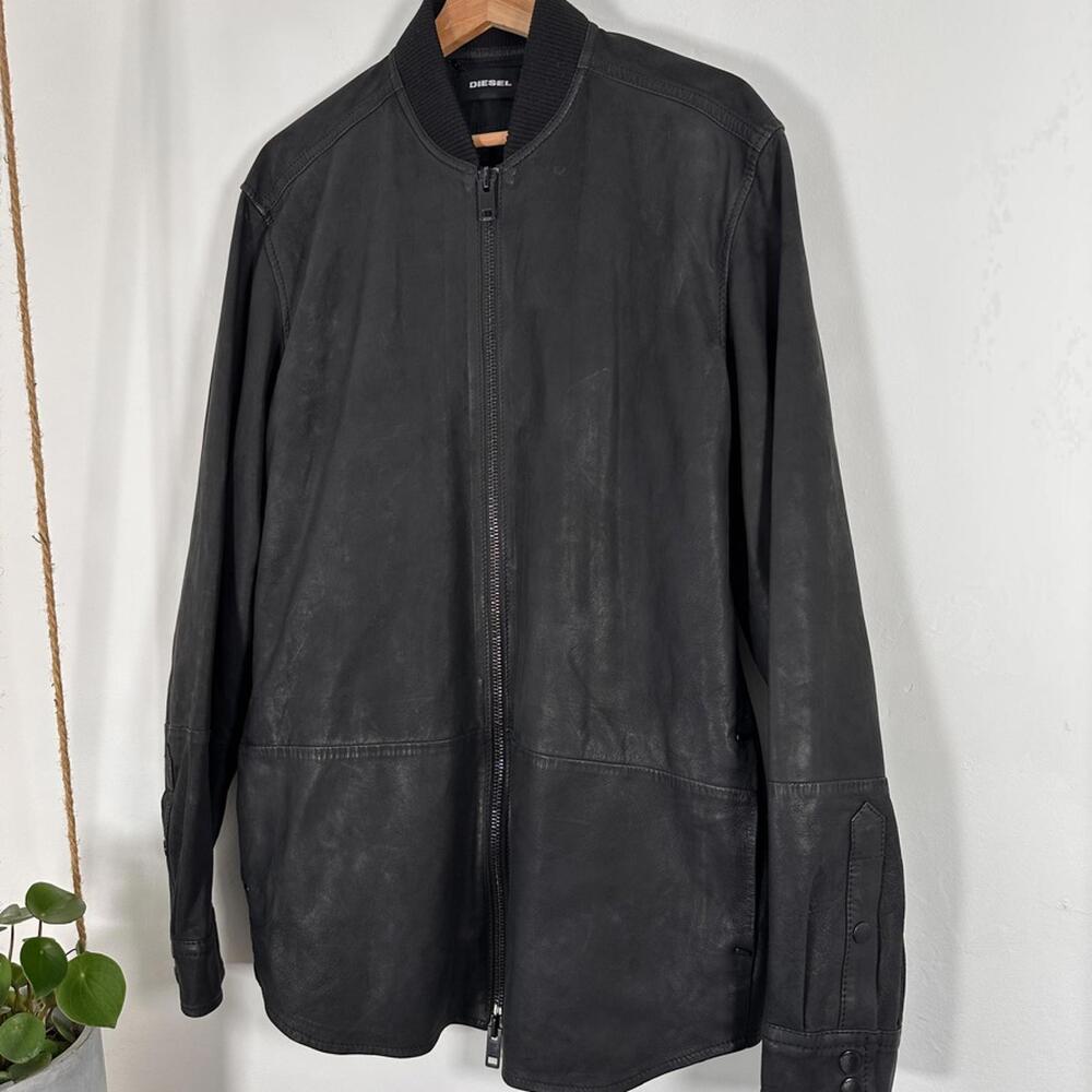Diesel Black Leather Bomber Jacket XL Streetwear Moto Minimalist Shirt Jacket